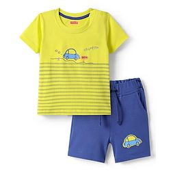 Babyhug Single Jersey Knit Half Sleeves T-Shirt & Shorts Set With Car Print & Patch - Yellow & Blue