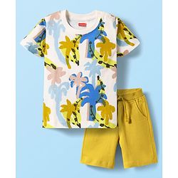 Babyhug Single Jersey Knit Half Sleeves T-Shirt & Shorts Set with Palm Tree Print - White & Green