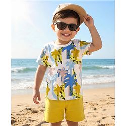 Babyhug Single Jersey Knit Half Sleeves T-Shirt & Shorts Set with Palm Tree Print - White & Green