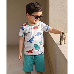 Babyhug Single Jersey Knit Half Sleeves T-Shirt & Shorts With Dino Print - Grey