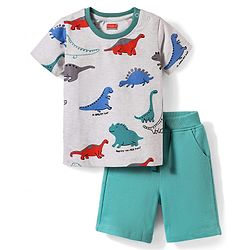Babyhug Single Jersey Knit Half Sleeves T-Shirt & Shorts With Dino Print - Grey