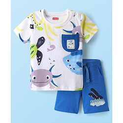 Babyhug Single Jersey Knit Half Sleeves T-Shirt & Shorts Set with Sea Life Print - White & Blue