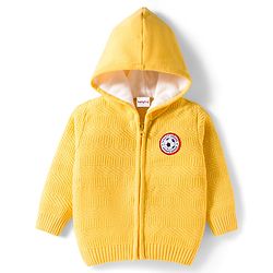 Babyhug Knit Full Sleeves Front Open Hooded Sweater with Football Patch - Yellow