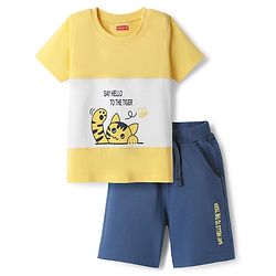Babyhug Single Jersey Knit Half Sleeves T-Shirt & Shorts Set With Cat Print & Cut & Sew Design - Yellow & Blue