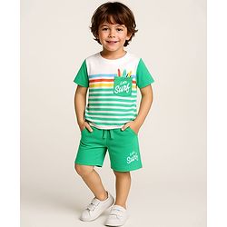 Babyhug Single Jersey Knit Half Sleeves T-Shirt & Shorts Set with Text Print & Stripes - Mint & White