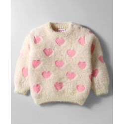 Babyhug Knit Full Sleeves Pullover Sweater with Heart Design - Pink