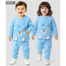 Babyhug Sherpa Fur Knit Full Sleeves Winter Wear Co-ord Set With Applique - Light Blue