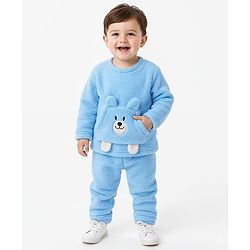 Babyhug Sherpa Fur Knit Full Sleeves Winter Wear Co-ord Set With Applique - Light Blue