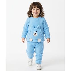 Babyhug Sherpa Fur Knit Full Sleeves Winter Wear Co-ord Set With Applique - Light Blue
