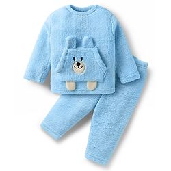 Babyhug Sherpa Fur Knit Full Sleeves Winter Wear Co-ord Set With Applique - Light Blue