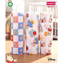 Babyhug Disney 100% Cotton Muslin Multipurpose Swaddle Wrap Winnie The Pooh Print| Breathable Hypoallergenic Fabric| Nursing Cover Stroller Cover Burp Cloth Pack of 3 - Multicolor