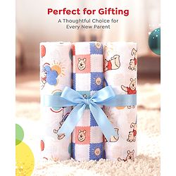 Babyhug Disney 100% Cotton Muslin Multipurpose Swaddle Wrap Winnie The Pooh Print| Breathable Hypoallergenic Fabric| Nursing Cover Stroller Cover Burp Cloth Pack of 3 - Multicolor