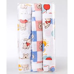 Babyhug Disney 100% Cotton Muslin Multipurpose Swaddle Wrap Winnie The Pooh Print| Breathable Hypoallergenic Fabric| Nursing Cover Stroller Cover Burp Cloth Pack of 3 - Multicolor