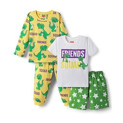 Babyhug Cotton Knit Half Sleeves Shorts & Full Sleeves Co-ord Night Suits with Dino Print - Yellow Green & White