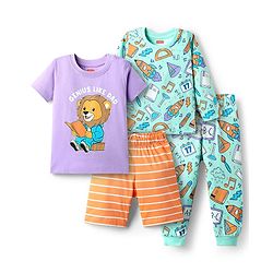 Babyhug Cotton Knit Half Sleeves Shorts Set With Lion Print & Full Sleeves Night Suit With Rocket Print - Multicolour