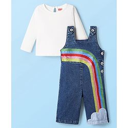 Babyhug Cotton Knit Full Sleeves Dungaree Style Jumpsuit With Rainbow Embroidery - Blue & White