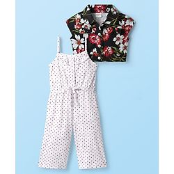 Babyhug Cotton Knit Cap Sleeves Shirt with Jumpsuit Set with Floral Print - Black & White