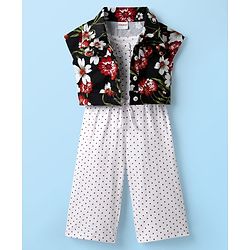 Babyhug Cotton Knit Cap Sleeves Shirt with Jumpsuit Set with Floral Print - Black & White