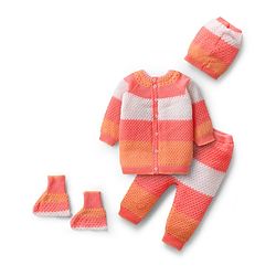 Babyhug Knitted Full Sleeves Striped Front Open Sweater Set with Color Block Design Booties & Cap - Orange