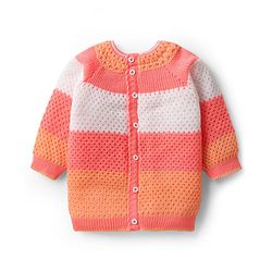 Babyhug Knitted Full Sleeves Striped Front Open Sweater Set with Color Block Design Booties & Cap - Orange