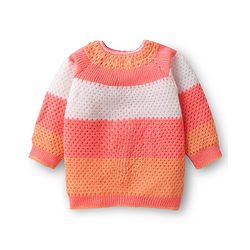 Babyhug Knitted Full Sleeves Striped Front Open Sweater Set with Color Block Design Booties & Cap - Orange