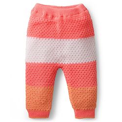 Babyhug Knitted Full Sleeves Striped Front Open Sweater Set with Color Block Design Booties & Cap - Orange