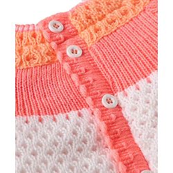 Babyhug Knitted Full Sleeves Striped Front Open Sweater Set with Color Block Design Booties & Cap - Orange