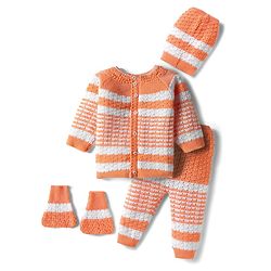 Babyhug Knit Full Sleeves Front Open Striped Sweater Set with Cap & Mittens - Orange