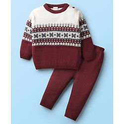 Babyhug Knit Full Sleeves Sweater Set With Aztec Design - Maroon