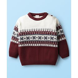 Babyhug Knit Full Sleeves Sweater Set With Aztec Design - Maroon