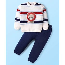 Babyhug Knit Full Sleeves Pullover Sweater Set With Stripes & Lion Patch  - White & Navy Blue
