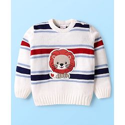 Babyhug Knit Full Sleeves Pullover Sweater Set With Stripes & Lion Patch  - White & Navy Blue
