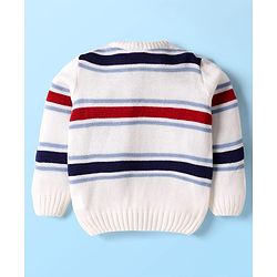 Babyhug Knit Full Sleeves Pullover Sweater Set With Stripes & Lion Patch  - White & Navy Blue