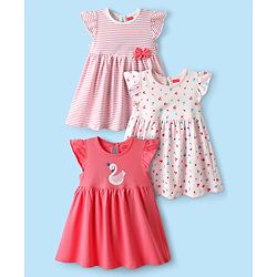 Babyhug 100% Cotton Sleeveless Striped Floral & Birds Printed Frocks Pack Of 3 - Red & White