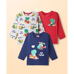 Babyhug 100% Cotton Knit Full Sleeves T-Shirts with Dino Graphics Pack of 3 - Red Navy Blue & Grey