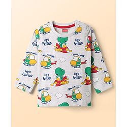 Babyhug 100% Cotton Knit Full Sleeves T-Shirts with Dino Graphics Pack of 3 - Red Navy Blue & Grey