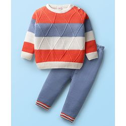 Babyhug Knit Full Sleeves Sweater Set With Stripes - Orange