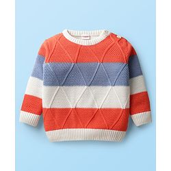 Babyhug Knit Full Sleeves Sweater Set With Stripes - Orange