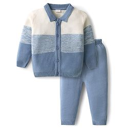 Babyhug Knit Full Sleeves Front Open Sweater Set with Color Block Design - Light Blue