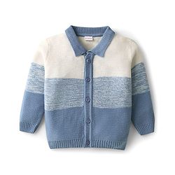 Babyhug Knit Full Sleeves Front Open Sweater Set with Color Block Design - Light Blue