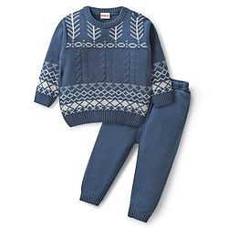 Babyhug Knitted Full Sleeves Pullover Sweater Set with Cable Knit & Fair Isle Design - Royal Blue