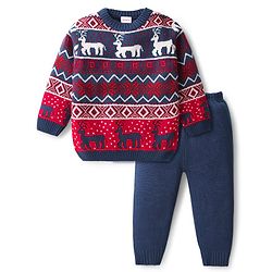 Babyhug Knit Full Sleeves Pullover Sweater Set with Deer Design - Navy Blue