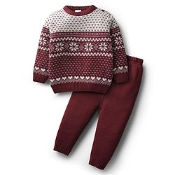 Babyhug Knit Full Sleeves Sweater Set With Floral Design - Maroon