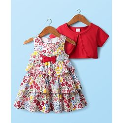 Babyhug Cotton Woven Half Sleeves Shrug With Floral Printed Layered Frock with Bow Applique -  Red