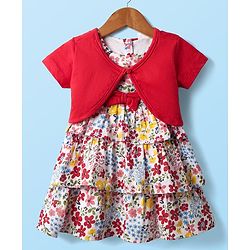 Babyhug Cotton Woven Half Sleeves Shrug With Floral Printed Layered Frock with Bow Applique -  Red