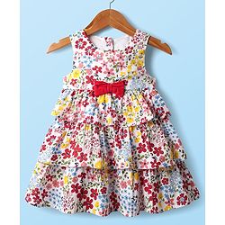 Babyhug Cotton Woven Half Sleeves Shrug With Floral Printed Layered Frock with Bow Applique -  Red