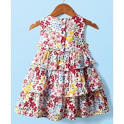 Babyhug Cotton Woven Half Sleeves Shrug With Floral Printed Layered Frock with Bow Applique -  Red
