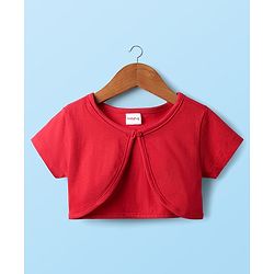 Babyhug Cotton Woven Half Sleeves Shrug With Floral Printed Layered Frock with Bow Applique -  Red