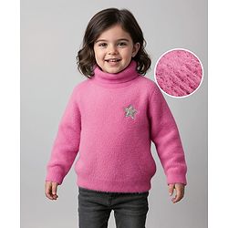 Babyhug Knit Full Sleeves Extra Soft Hairy Eyelash Yarn Turtle Neck Pullover Sweater with Star Patch Detailing - Pink