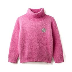 Babyhug Knit Full Sleeves Extra Soft Hairy Eyelash Yarn Turtle Neck Pullover Sweater with Star Patch Detailing - Pink